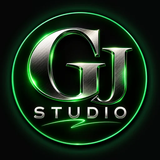 הלוגו של Green Joker Studio: האותיות GJ ומתחתן STUDIO, בתוך עיגול ירוק זוהר
